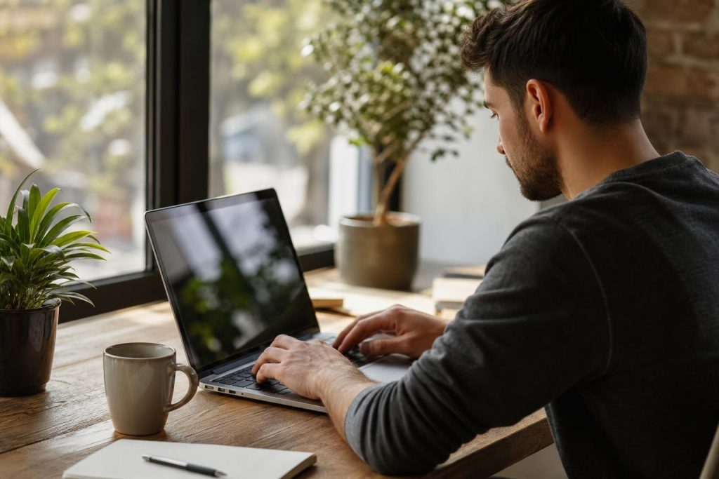 Muškarac radi na laptopu za drvenim stolom pored prozora