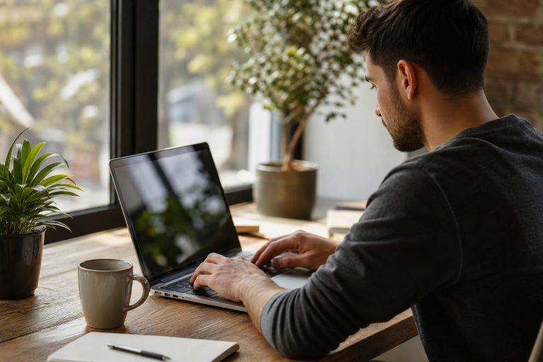 Muškarac radi na laptopu za drvenim stolom pored prozora