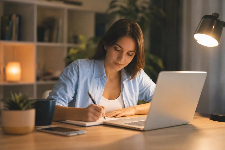 Žena piše u svesci pored laptopa pod lampom